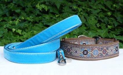 Correa de terciopelo turquesa junto al collar martingale Camelot beige de Mimopets